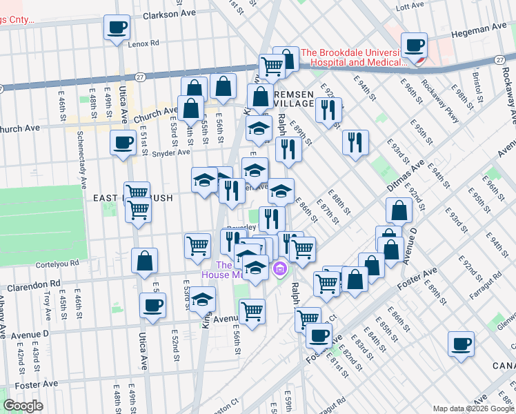 map of restaurants, bars, coffee shops, grocery stores, and more near 5800 Tilden Avenue in Brooklyn