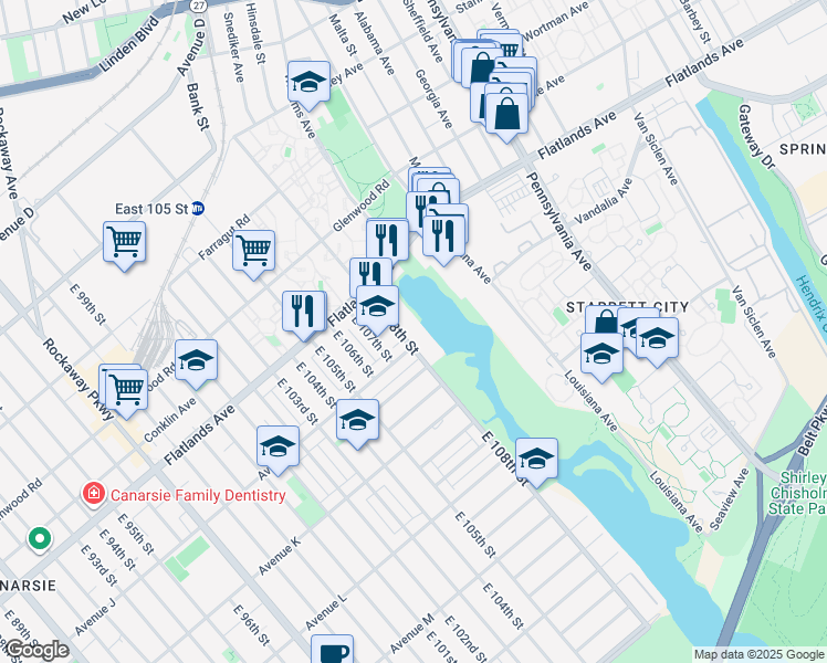 map of restaurants, bars, coffee shops, grocery stores, and more near 1031 East 108th Street in Brooklyn