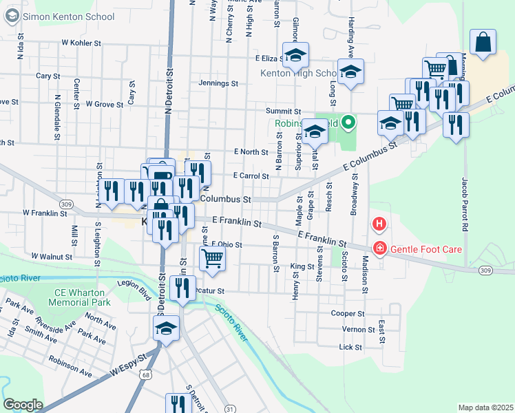 map of restaurants, bars, coffee shops, grocery stores, and more near 407 East Franklin Street in Kenton