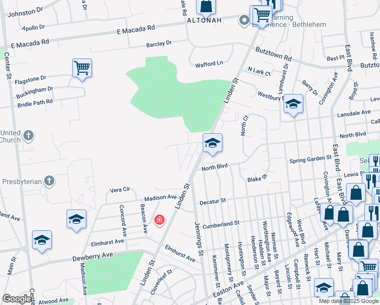 map of restaurants, bars, coffee shops, grocery stores, and more near 2454 Langhorne Drive in Bethlehem