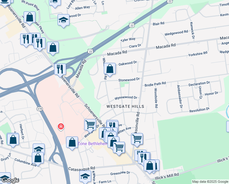 map of restaurants, bars, coffee shops, grocery stores, and more near 1423 Winston Circle in Bethlehem
