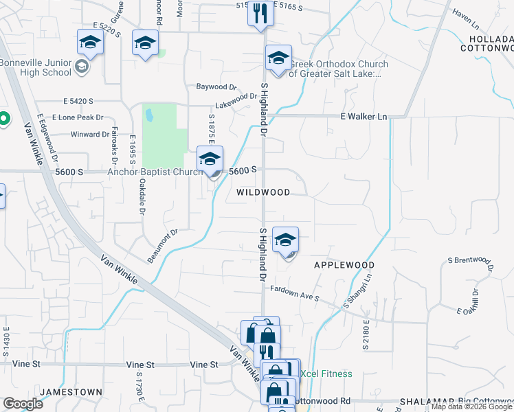 map of restaurants, bars, coffee shops, grocery stores, and more near 5645 Dunetree Hill Lane in Holladay