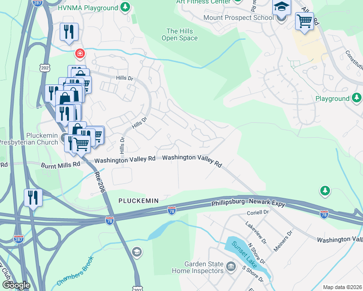 map of restaurants, bars, coffee shops, grocery stores, and more near 25 Ray Court in Bedminster