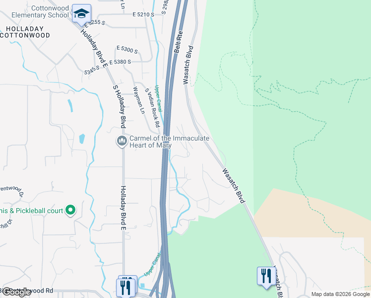 map of restaurants, bars, coffee shops, grocery stores, and more near 3095 East Silver Hawk Drive in Holladay