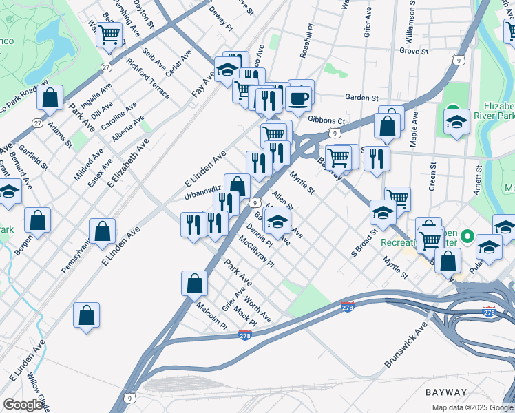 map of restaurants, bars, coffee shops, grocery stores, and more near 2423 East Edgar Road in Linden