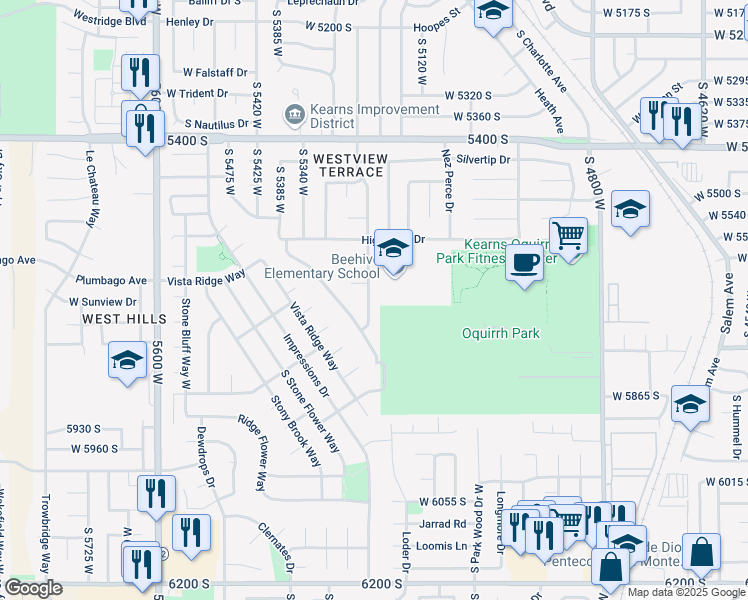 map of restaurants, bars, coffee shops, grocery stores, and more near 5647 South Sarah Jane Drive in Kearns