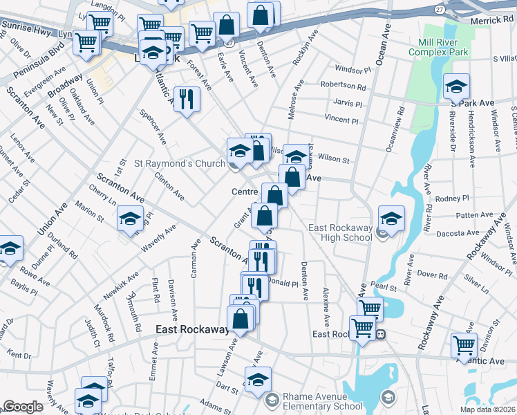 map of restaurants, bars, coffee shops, grocery stores, and more near 290 Atlantic Avenue in East Rockaway