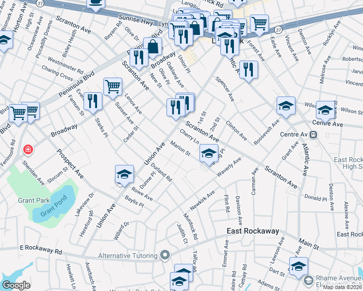 map of restaurants, bars, coffee shops, grocery stores, and more near 23 Cherry Lane in Lynbrook