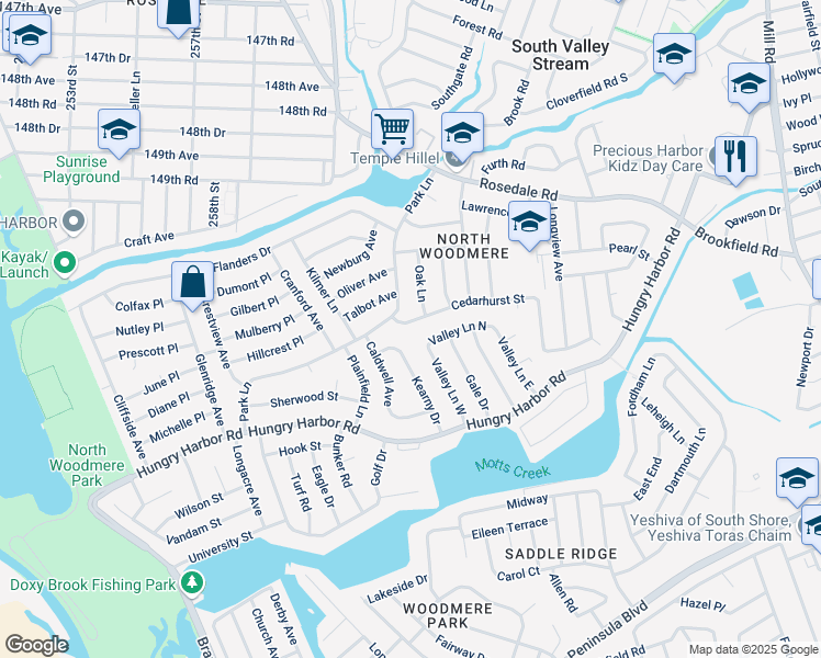 map of restaurants, bars, coffee shops, grocery stores, and more near 866 Park Lane in Valley Stream