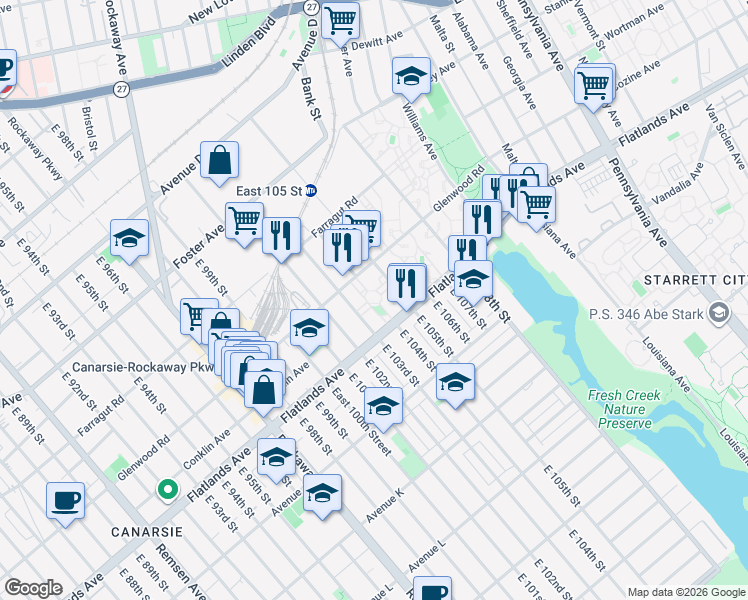 map of restaurants, bars, coffee shops, grocery stores, and more near 716 East 105th Street in Brooklyn