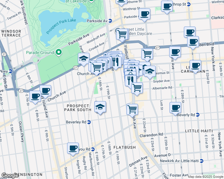 map of restaurants, bars, coffee shops, grocery stores, and more near 575 Ocean Avenue in Brooklyn