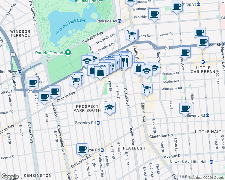 map of restaurants, bars, coffee shops, grocery stores, and more near 14 Tennis Court in Brooklyn