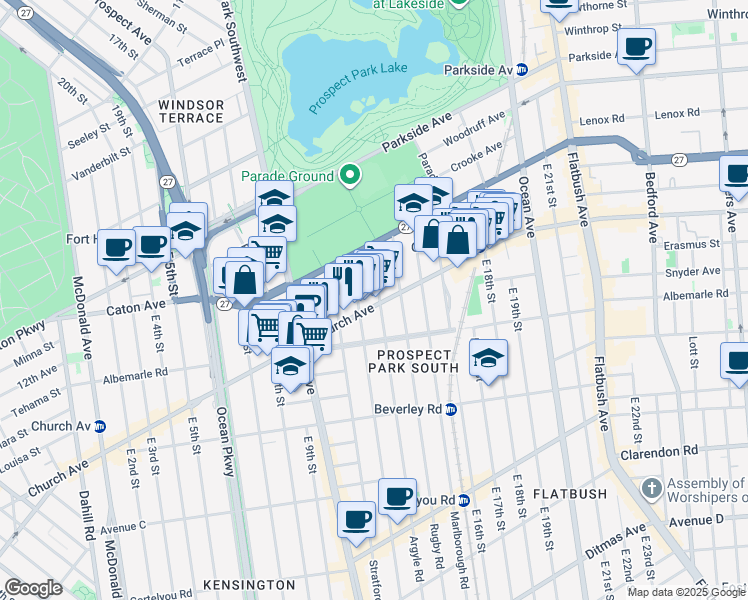 map of restaurants, bars, coffee shops, grocery stores, and more near 40 Argyle Road in Brooklyn