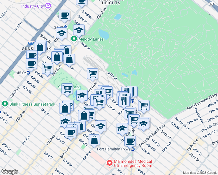 map of restaurants, bars, coffee shops, grocery stores, and more near 735 39th Street in Brooklyn