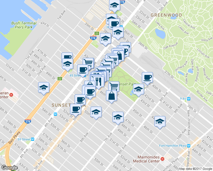 map of restaurants, bars, coffee shops, grocery stores, and more near 4402 5th Avenue in Brooklyn
