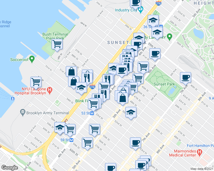 map of restaurants, bars, coffee shops, grocery stores, and more near 322 48th Street in Brooklyn