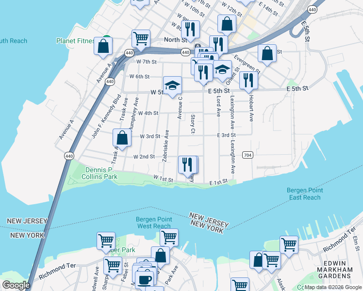 map of restaurants, bars, coffee shops, grocery stores, and more near 35 West 3rd Street in Bayonne