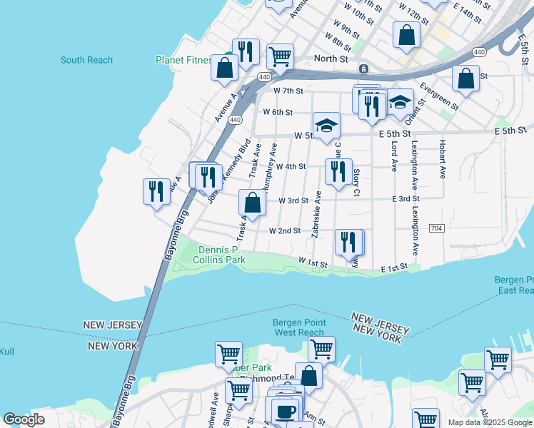 map of restaurants, bars, coffee shops, grocery stores, and more near 115 West 3rd Street in Bayonne