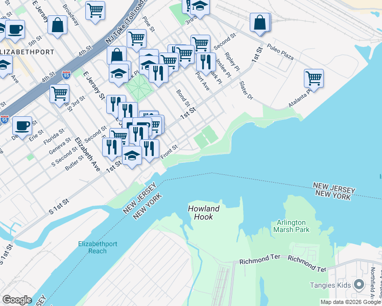 map of restaurants, bars, coffee shops, grocery stores, and more near 17 Harbor Front Plaza in Elizabeth