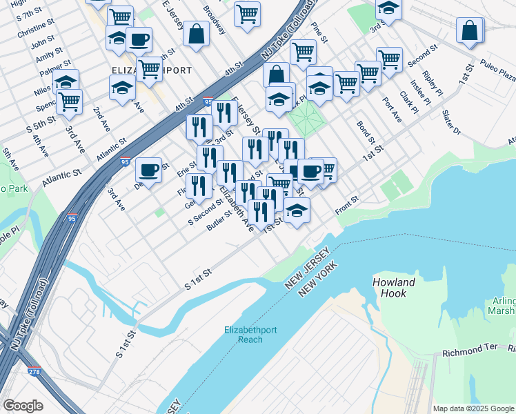 map of restaurants, bars, coffee shops, grocery stores, and more near 155 Marshall Street in Elizabeth