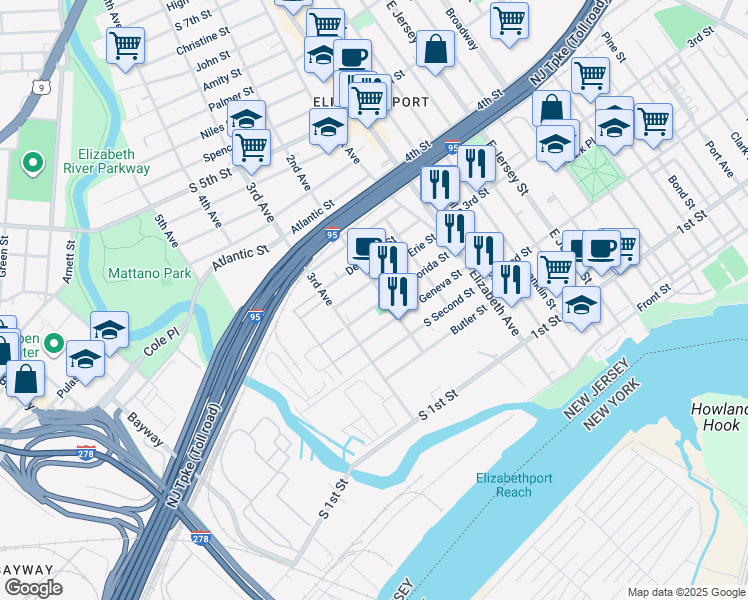 map of restaurants, bars, coffee shops, grocery stores, and more near 300 2nd Avenue in Elizabeth