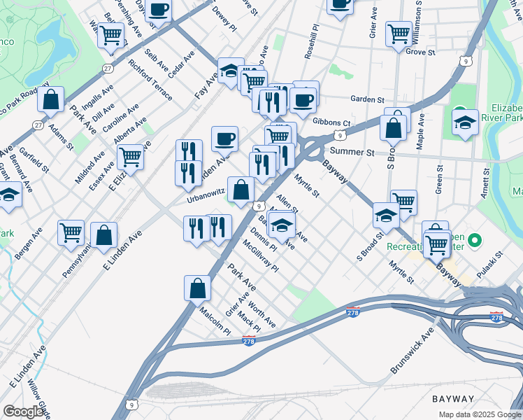 map of restaurants, bars, coffee shops, grocery stores, and more near 2423 East Edgar Road in Linden