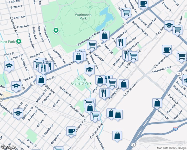 map of restaurants, bars, coffee shops, grocery stores, and more near 419 Grant Street in Linden
