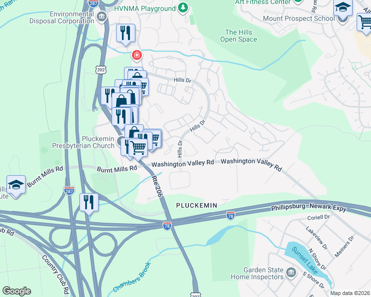 map of restaurants, bars, coffee shops, grocery stores, and more near 72 Larkspur Court in Bedminster