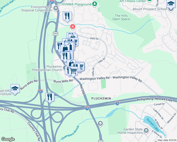 map of restaurants, bars, coffee shops, grocery stores, and more near Larkspur Court in Bedminster Township