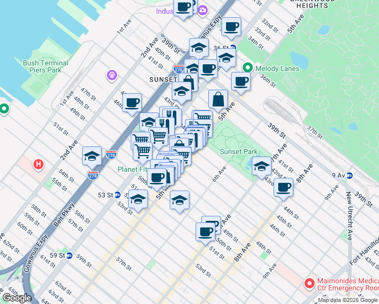 map of restaurants, bars, coffee shops, grocery stores, and more near 446 45th Street in Brooklyn