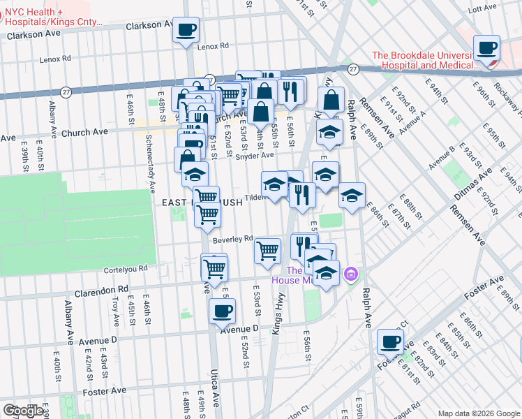 map of restaurants, bars, coffee shops, grocery stores, and more near 5401 Tilden Avenue in Brooklyn