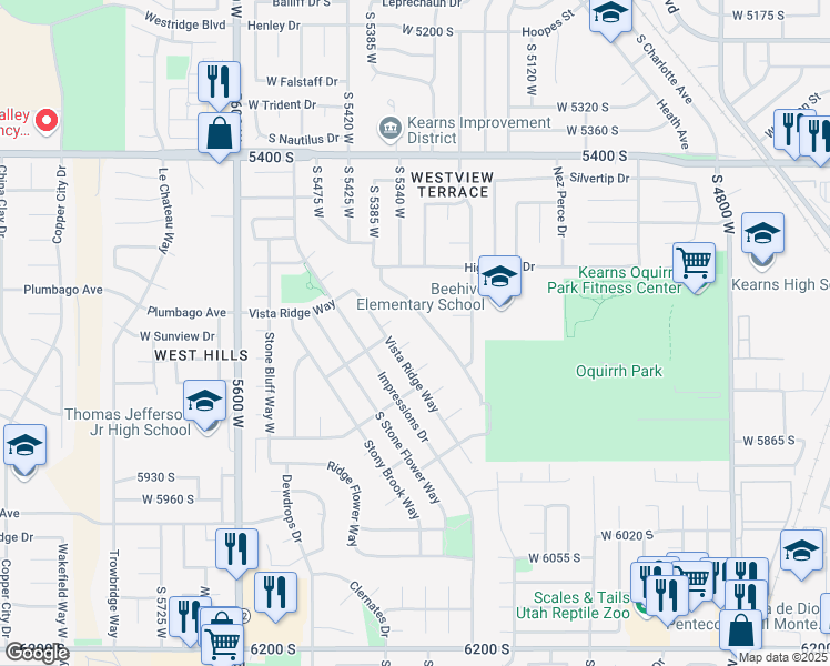 map of restaurants, bars, coffee shops, grocery stores, and more near 5316 Scenic Ridge Circle in Salt Lake City