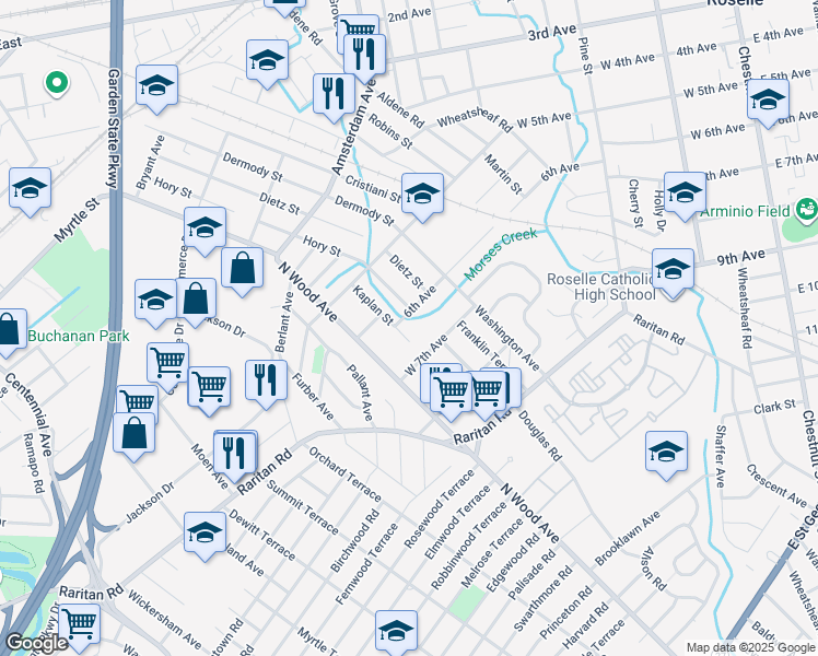 map of restaurants, bars, coffee shops, grocery stores, and more near 547 Hory Street in Roselle