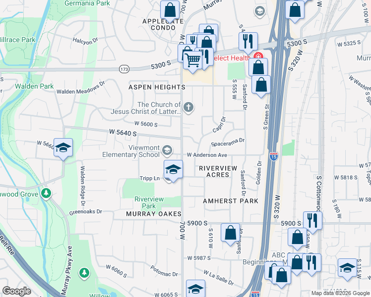 map of restaurants, bars, coffee shops, grocery stores, and more near 5655 South 700 West in Murray