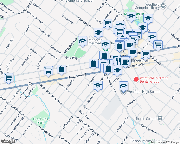 map of restaurants, bars, coffee shops, grocery stores, and more near 726 South Avenue West in Westfield