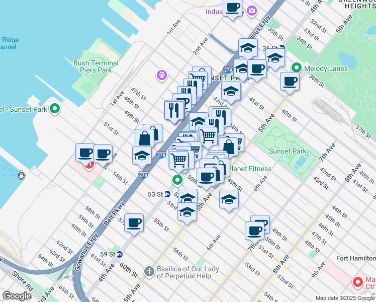 map of restaurants, bars, coffee shops, grocery stores, and more near 358 48th Street in Brooklyn