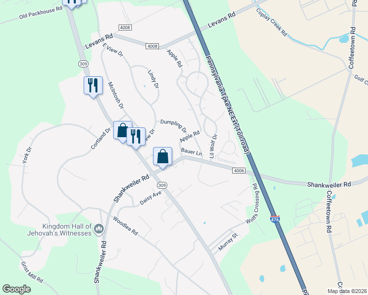 map of restaurants, bars, coffee shops, grocery stores, and more near 3538 Apple Road in Lehigh County