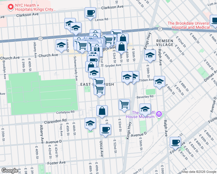 map of restaurants, bars, coffee shops, grocery stores, and more near 5101 Tilden Avenue in Brooklyn