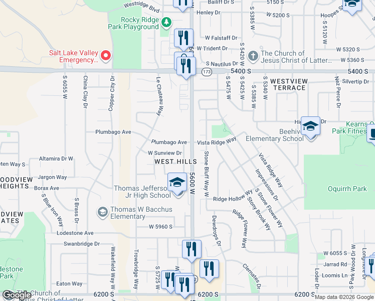 map of restaurants, bars, coffee shops, grocery stores, and more near 5575 Alpine Point Circle in Kearns