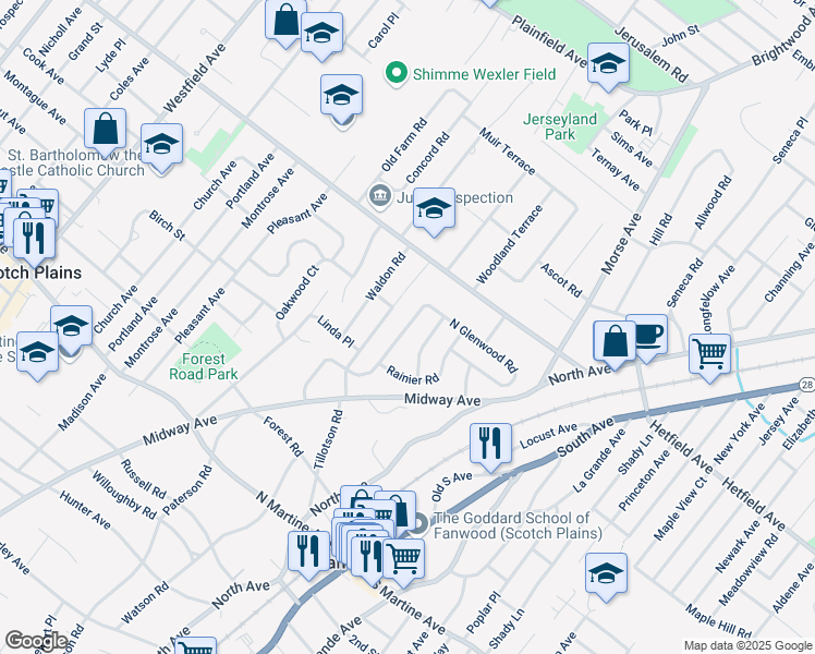map of restaurants, bars, coffee shops, grocery stores, and more near 194 Tillotson Road in Fanwood