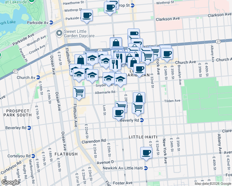 map of restaurants, bars, coffee shops, grocery stores, and more near 2608 Albemarle Road in Brooklyn