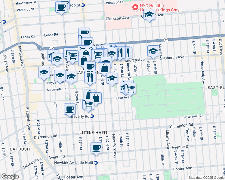 map of restaurants, bars, coffee shops, grocery stores, and more near 1023 New York Avenue in Brooklyn