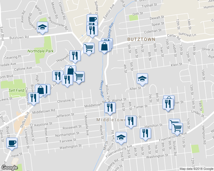 map of restaurants, bars, coffee shops, grocery stores, and more near 2076 Market Street in Bethlehem