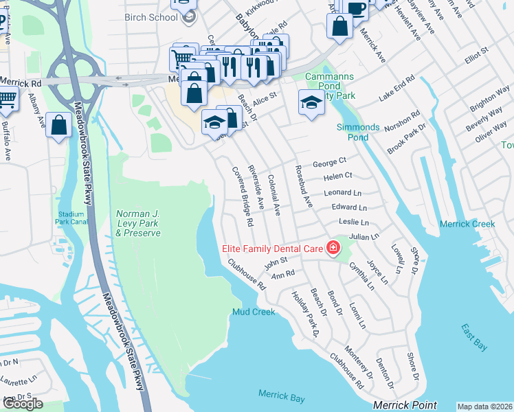 map of restaurants, bars, coffee shops, grocery stores, and more near 2754 Riverside Avenue in Merrick