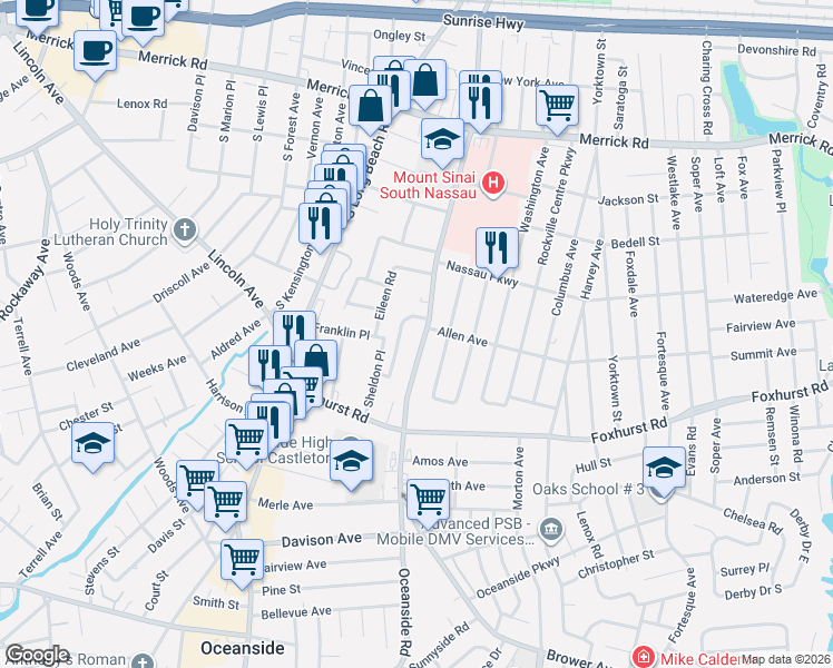 map of restaurants, bars, coffee shops, grocery stores, and more near 2560 Clovermere Road in Oceanside