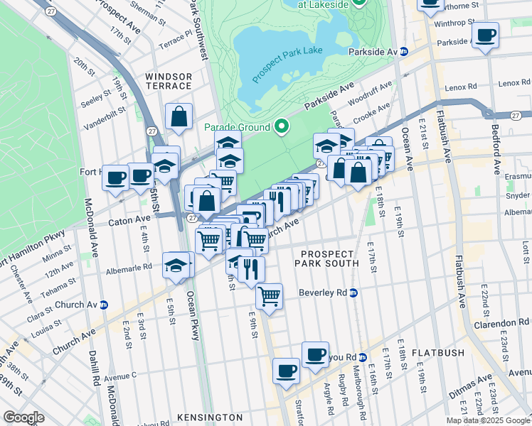 map of restaurants, bars, coffee shops, grocery stores, and more near 15 Stratford Road in Brooklyn