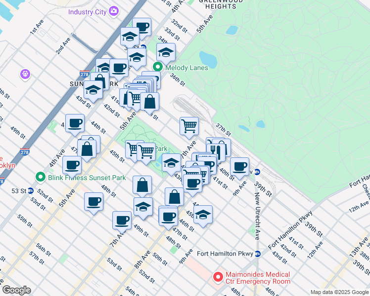 map of restaurants, bars, coffee shops, grocery stores, and more near 654 40th Street in Brooklyn