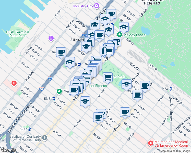 map of restaurants, bars, coffee shops, grocery stores, and more near 4402 5th Avenue in Brooklyn