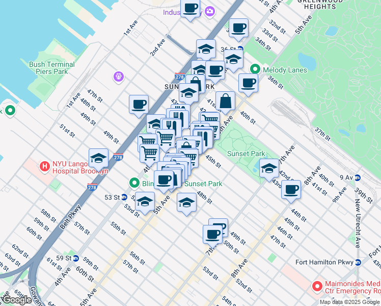 map of restaurants, bars, coffee shops, grocery stores, and more near 446 45th Street in Brooklyn
