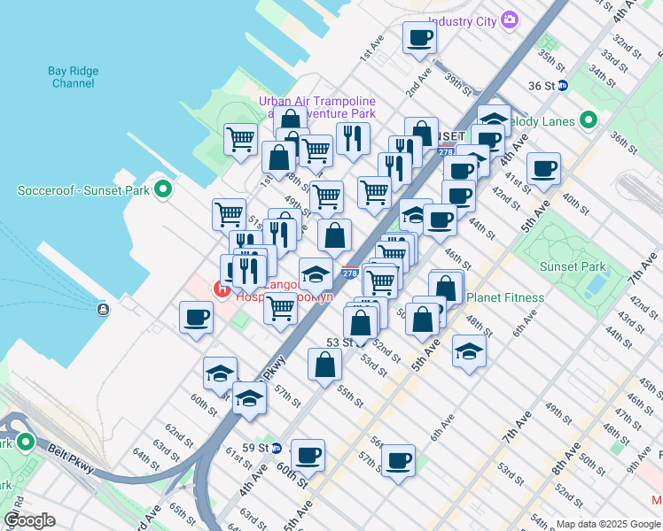 map of restaurants, bars, coffee shops, grocery stores, and more near 240 50th Street in Brooklyn